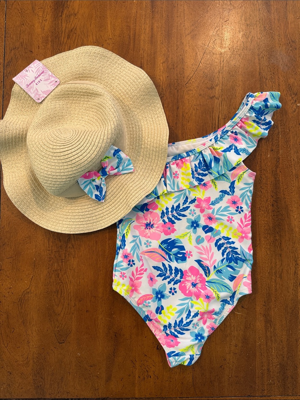 Kids One-Shoulder Floral Swimsuit with Sunhat - Pink & Blue